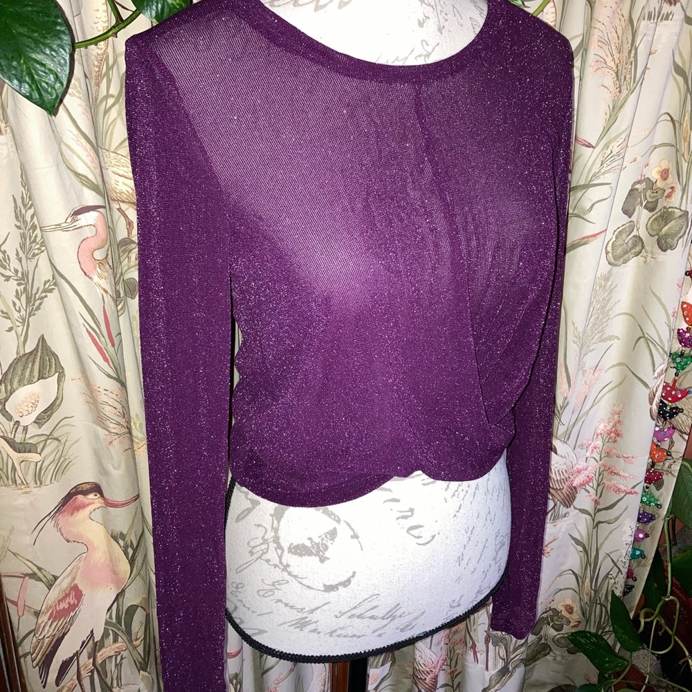 Semi Sheer Sparkle Knot Front Long Sleeve Top Burgundy Party Holiday Night Out - Picture 1 of 8
